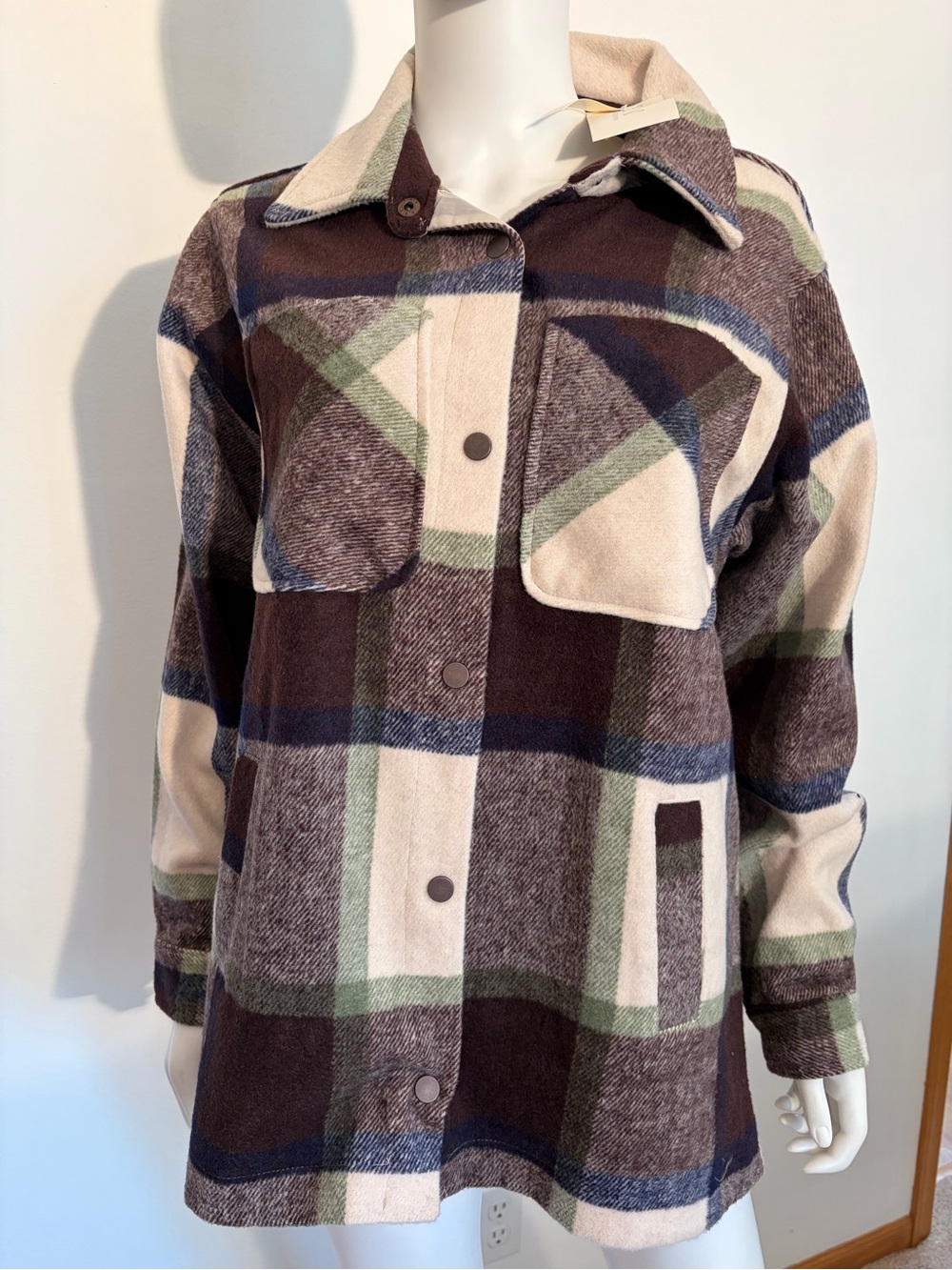 #926 Ashley By 26 International NWT Brown, Green & Cream Plaid Utility Jacket